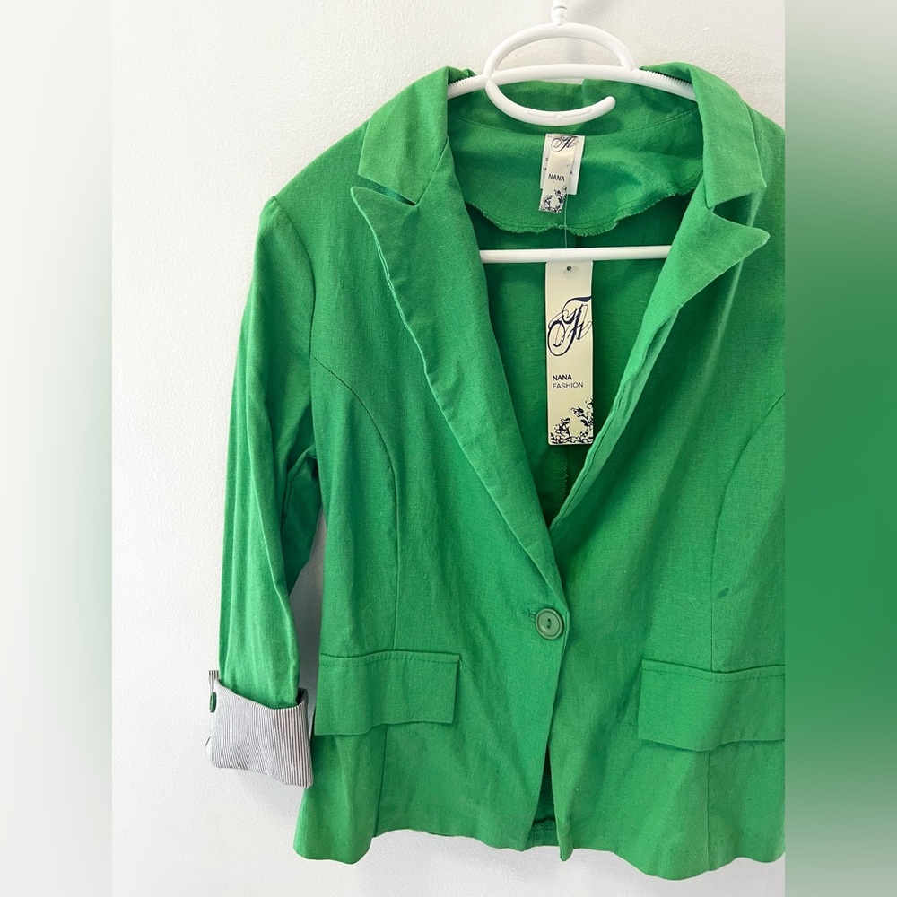 Green Blazer by Nana Fashion Striped Rolled Up Sleeves Faux Pockets Springwear